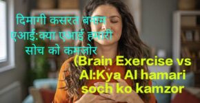 A college female student meditating to boost brain power in the era of Brain Exercise vs AI
