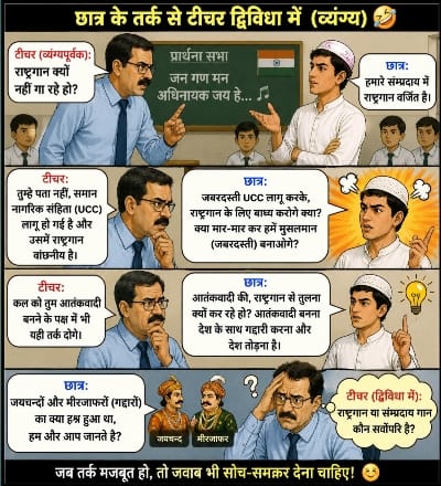 Satirical cartoon of a student arguing about Uniform Civil Code implementation challenges with a confused teacher