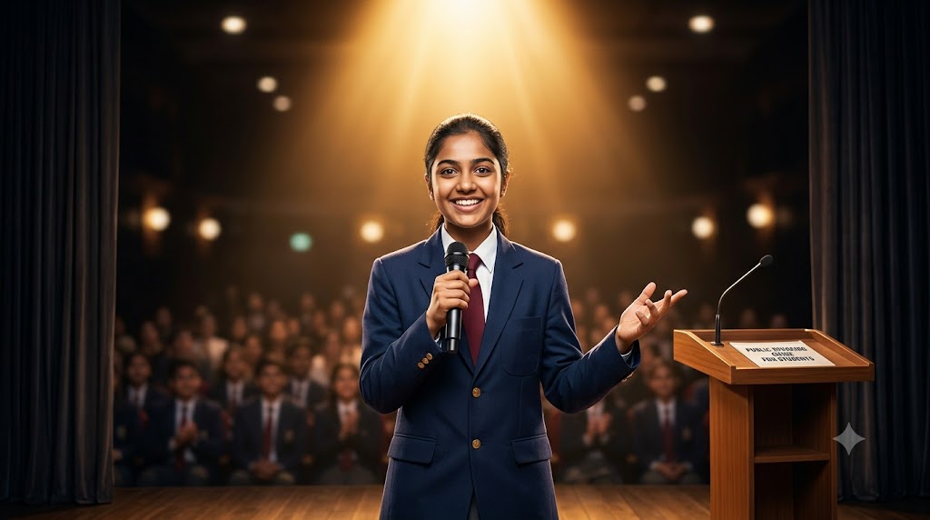 Girl student doing public speaking to the mic
