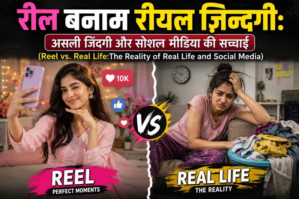 Girl student happy watching reels vs stressed in reality:Reel VS Real Life
