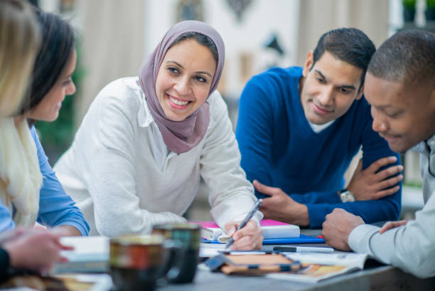 Muslim student discussing religious with Hindu students
