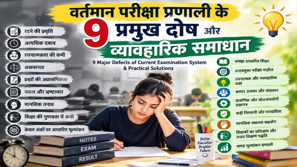 Student studying with a list of 9 Major Defects of Current Exam System