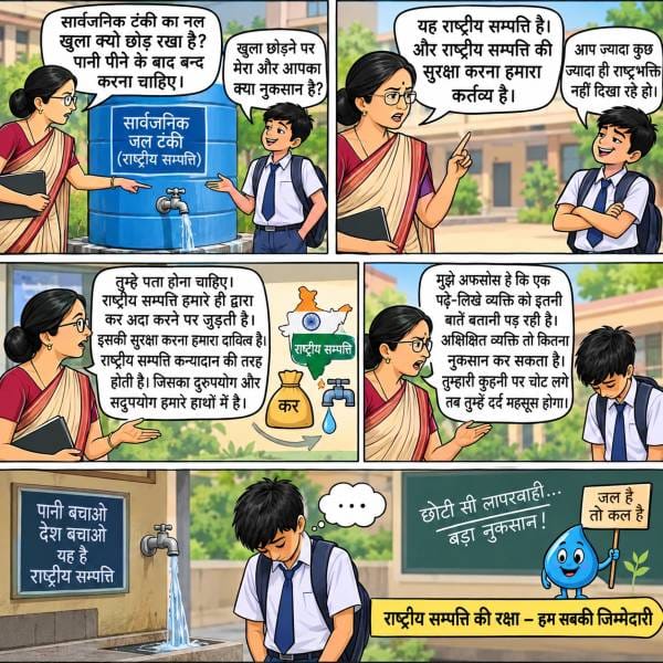 Satirization by teacher on misuse of tap water on public property by students