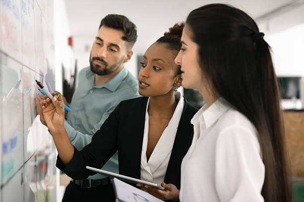 The female teacher is teaching a girl student and a student on a white board