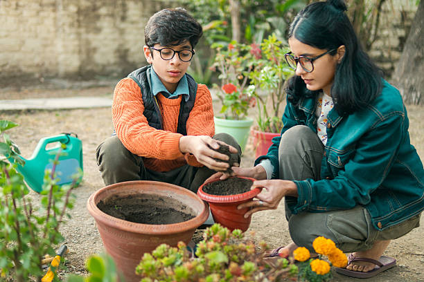 Mother and son both plant saplings and garden