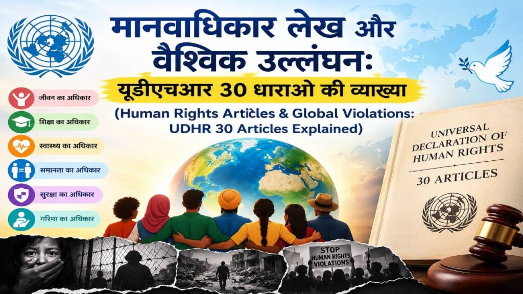 Portrait of people standing in front of a world map that reads 'Human Rights Articles & Global Violations: UDHR 30 Articles Explained'