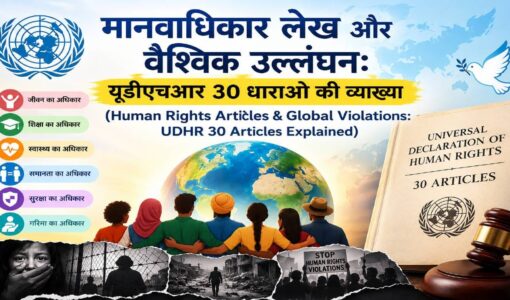Portrait of people standing in front of a world map that reads 'Human Rights Articles & Global Violations: UDHR 30 Articles Explained'