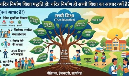 Boys and girls watering the tree of character building which is written that Character is a System of Education