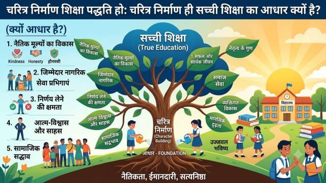 Boys and girls watering the tree of character building which is written that Character is a System of Education
