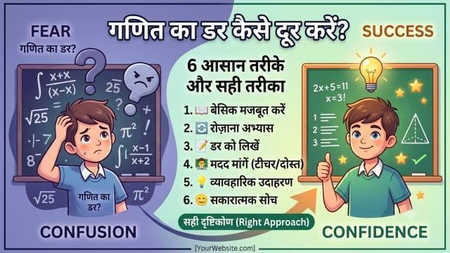 How to Overcome Fear of Maths in Hindi with a picture of a skeptical student and a confused student written