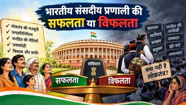 Indian Parliamentary System Success or Failure written with a picture of the people and the Parliament