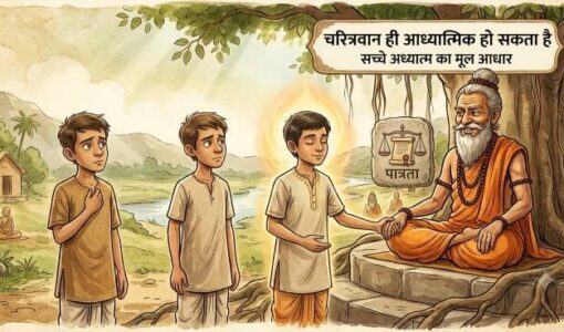 A picture of three disciples standing in front of a sitting guru on which only a person of Only One with Character Can be Spiritual