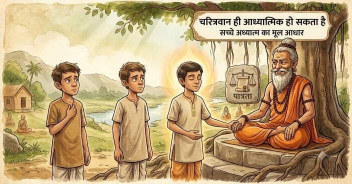 A picture of three disciples standing in front of a sitting guru on which only a person of Only One with Character Can be Spiritual