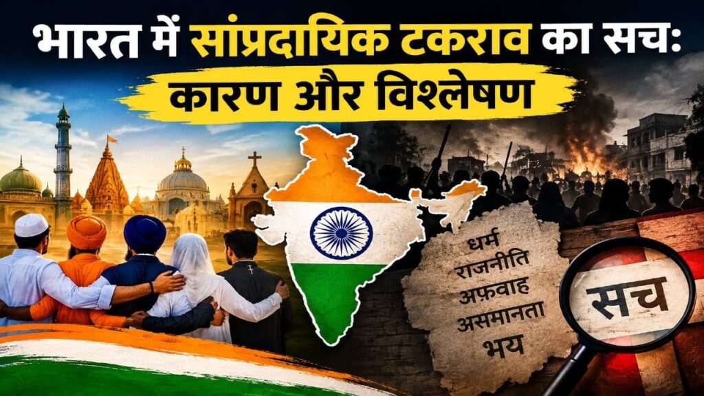 Portraits of people standing in front of places of faith of different religions with The Truth of Communal Conflict in India written on it