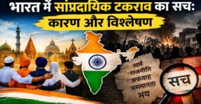 Portraits of people standing in front of places of faith of different religions with The Truth of Communal Conflict in India written on it
