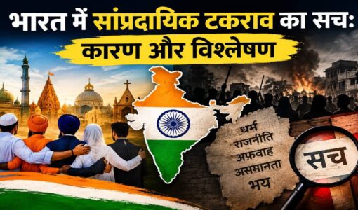 Portraits of people standing in front of places of faith of different religions with The Truth of Communal Conflict in India written on it